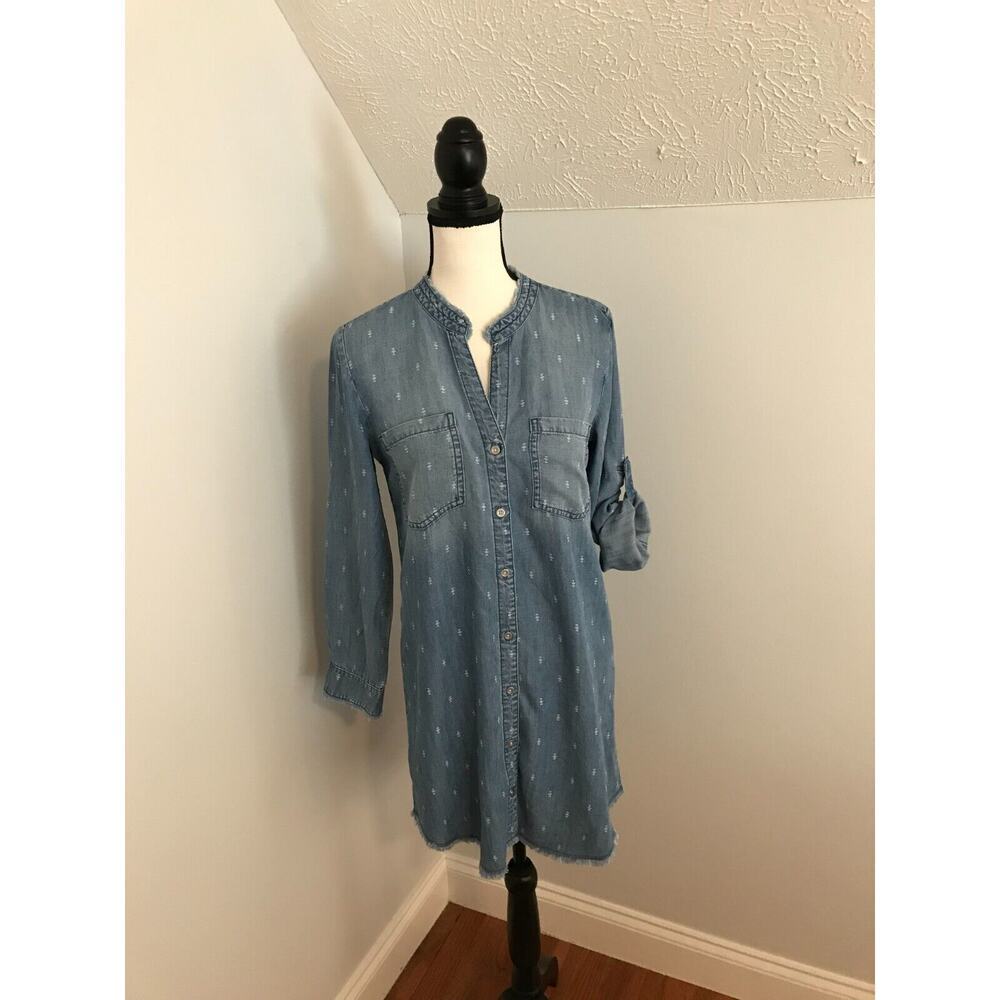 Anthro Cloth & Stone Mary Lou Chambray Shirt Dress Raw Hem Ikat XS - Picture 2 of 11